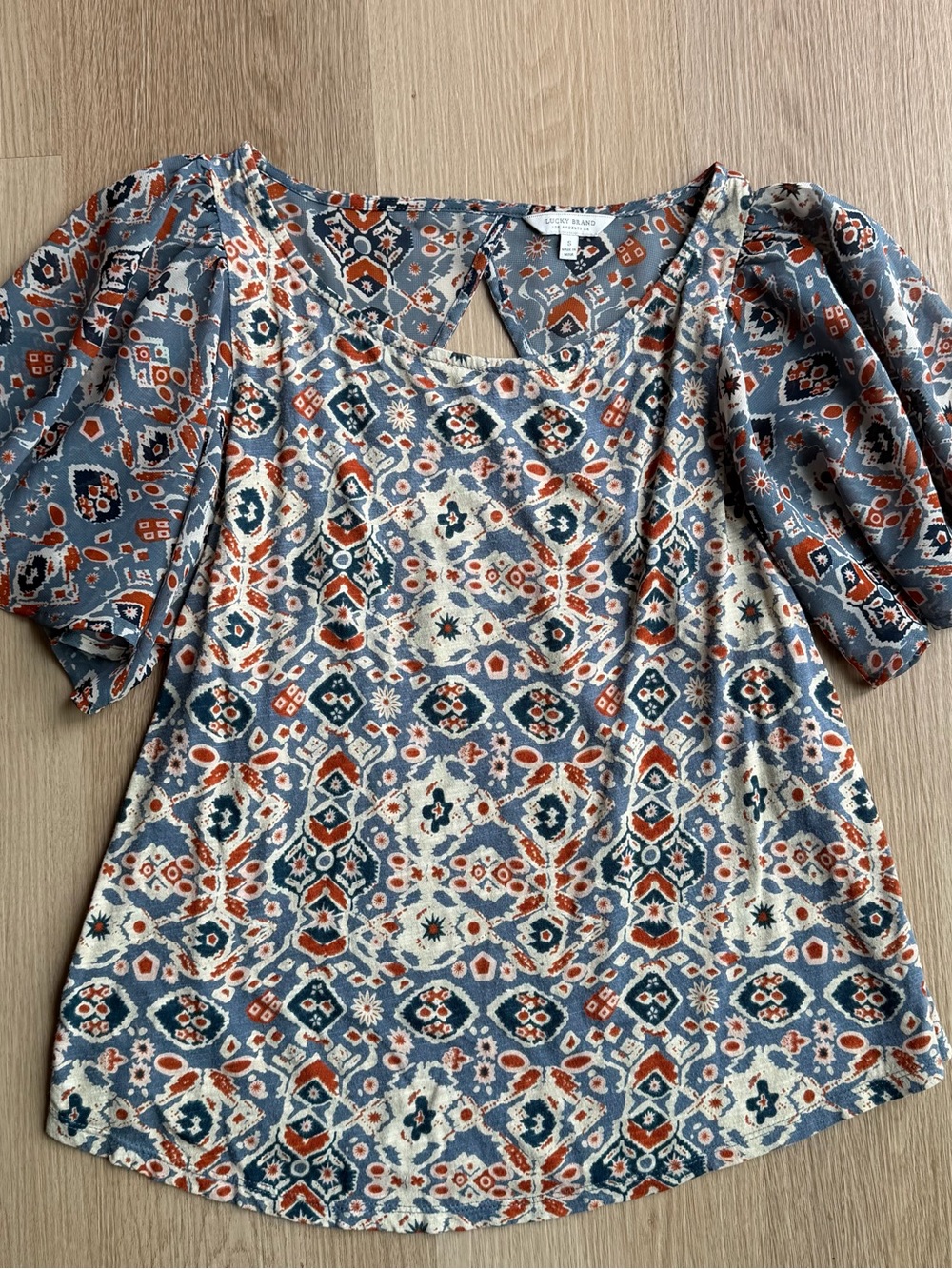 Lucky Brand Geometric Round Neck Puff Short Sleeve Woven Ruffle Blouse S